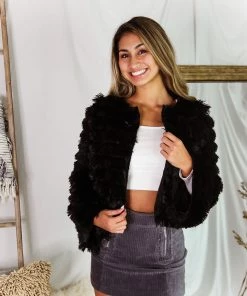 Blue Blush Women's Clothing Black Bell Sleeve Furry Crop Jacket