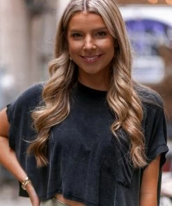 Mono B Black Boxy Style Basic Cropped Tee