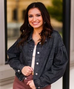 HYFVE Women's Clothing Black Cinched Hem Denim Jacket