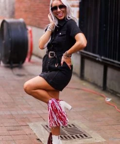 Le Lis Black Denim Gold Buckle Mini Dress Women's Clothing