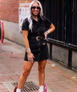 Le Lis Black Denim Gold Buckle Mini Dress Women's Clothing