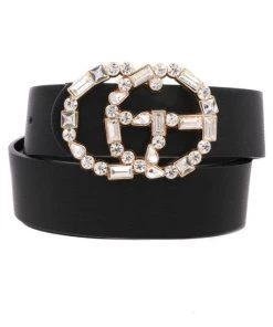 Art Box Black Faux Leather G Belt With Mixed Rhinestone Buckle Women's Clothing