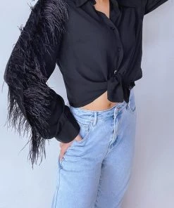 La Ros Black Feather Trim Satin Blouse