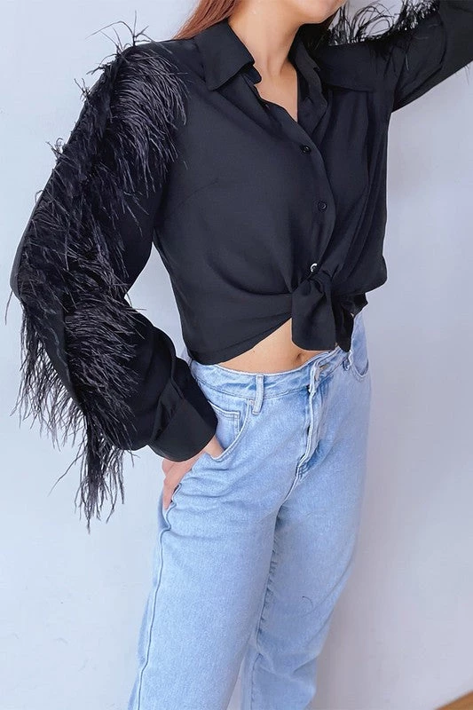 La Ros Black Feather Trim Satin Blouse 4 La Ros Black Feather Trim Satin Blouse
