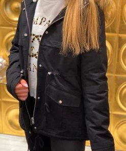 Love Tree Women's Clothing Black Fleece Lined Parka Coat