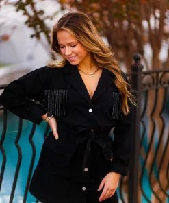 Le Lis Black Fringe Utility Mini Dress