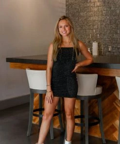 HYFVE Women's Clothing Black Glitter Ruched Mini Dress