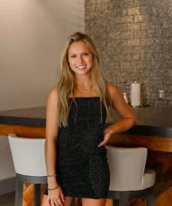 HYFVE Women's Clothing Black Glitter Ruched Mini Dress