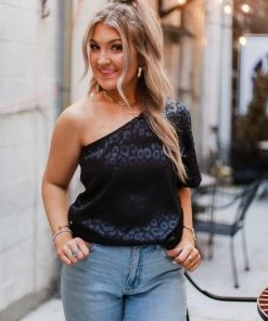 Entro Women's Clothing Black Leopard Silk One Shoulder Top