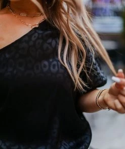 Entro Women's Clothing Black Leopard Silk One Shoulder Top