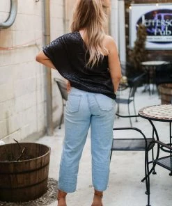 Entro Women's Clothing Black Leopard Silk One Shoulder Top