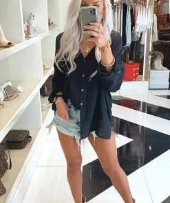 HYFVE Black Long Sleeve Button Down Tunic Top Women's Clothing