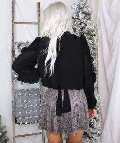 Do + Be Black Long Sleeve Sheer Ruffle Blouse With Button Up Back Women's Clothing