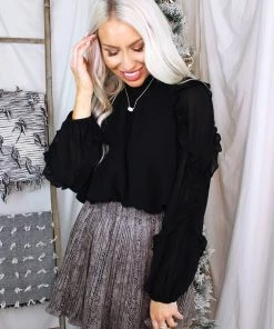 Do + Be Black Long Sleeve Sheer Ruffle Blouse With Button Up Back Women's Clothing