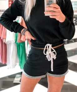 Reflex Black Drawstring Waist Cropped Hoodie Women's Clothing