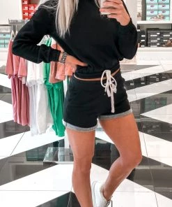 Reflex Black Drawstring Waist Cropped Hoodie Women's Clothing