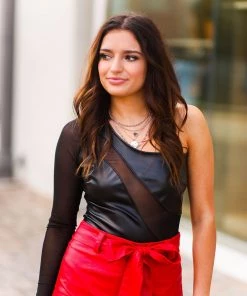 Blue Blush Black Mesh Contrast One Shoulder Bodysuit Women's Clothing