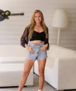 Blue Blush Black Mesh Dot Long Sleeve Crop Top