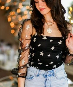 Le Lis Black And Silver Star Mesh Sleeve Bodysuit