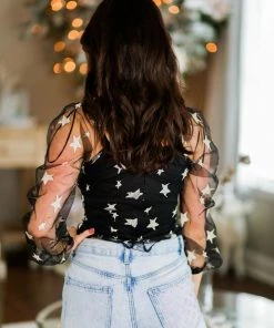 Le Lis Black And Silver Star Mesh Sleeve Bodysuit