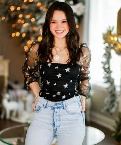 Le Lis Black And Silver Star Mesh Sleeve Bodysuit