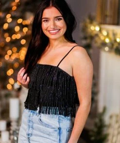 Nylon Apparel Women's Clothing Black Metallic Fringe Crop Top