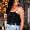 Nylon Apparel Women's Clothing Black Metallic Fringe Crop Top