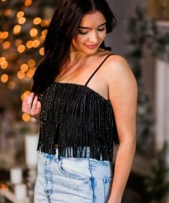 Nylon Apparel Women's Clothing Black Metallic Fringe Crop Top