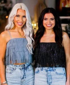 Nylon Apparel Women's Clothing Black Metallic Fringe Crop Top