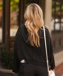 Mono B Women's Clothing Black Mineral Wash V-Neck Pullover