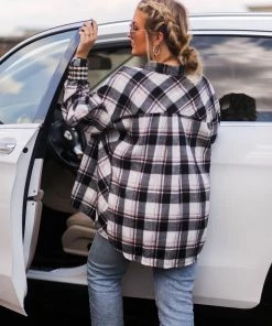 Eesome Black Mixed Plaid Button Down Flannel Women's Clothing