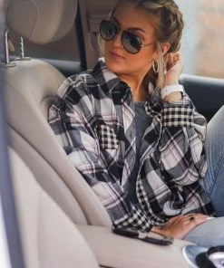 Eesome Black Mixed Plaid Button Down Flannel Women's Clothing