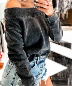 Mono B Black Off The Shoulder Mineral Wash Pullover