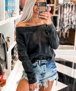 Mono B Black Off The Shoulder Mineral Wash Pullover