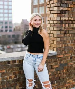 Le Lis Black One Shoulder Mock Neck Sweater