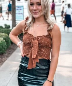 In The Beginning Rust Polka Dot Smocked Tank Top Women's Clothing