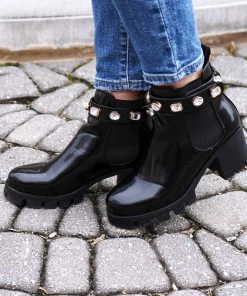 Akira Black Rhinestone Amulet Ankle Booties