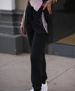 Blue B Women's Clothing Black Rhinestone Fringe Pocket Joggers