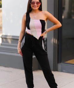 Blue B Women's Clothing Black Rhinestone Fringe Pocket Joggers