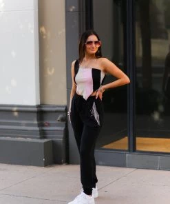 Blue B Women's Clothing Black Rhinestone Fringe Pocket Joggers