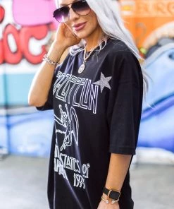 Vintage Distressed Black Rhinestone Star Band Tee