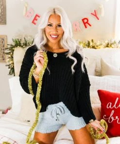 POL Women's Clothing Black Ribbed Fleece Sweater