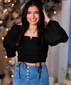 HYFVE Women's Clothing Black Ruched Long Sleeve Crop Top