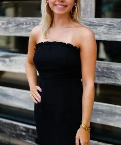 HYFVE Women's Clothing Black Ruffle Hem Strapless Mini Dress