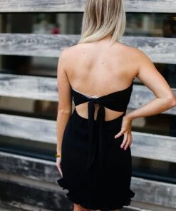 HYFVE Women's Clothing Black Ruffle Hem Strapless Mini Dress