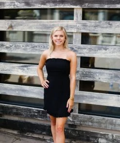 HYFVE Women's Clothing Black Ruffle Hem Strapless Mini Dress