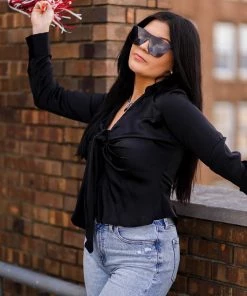 Do + Be Black Satin Front Tie Blouse Women's Clothing