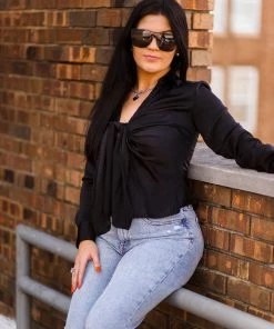 Do + Be Black Satin Front Tie Blouse Women's Clothing