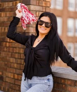 Do + Be Black Satin Front Tie Blouse Women's Clothing