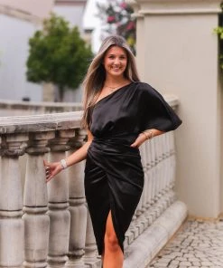 Do + Be Black Satin One Shoulder Midi Dress